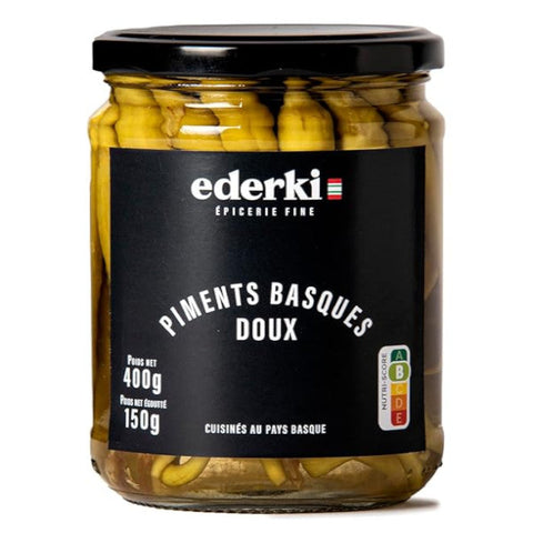 Sweet Green Chili Peppers Piparras in Vinegar Ederki 400g Glass Jar | Piparras Vascas Dulces en Vinagre Ederki 400g