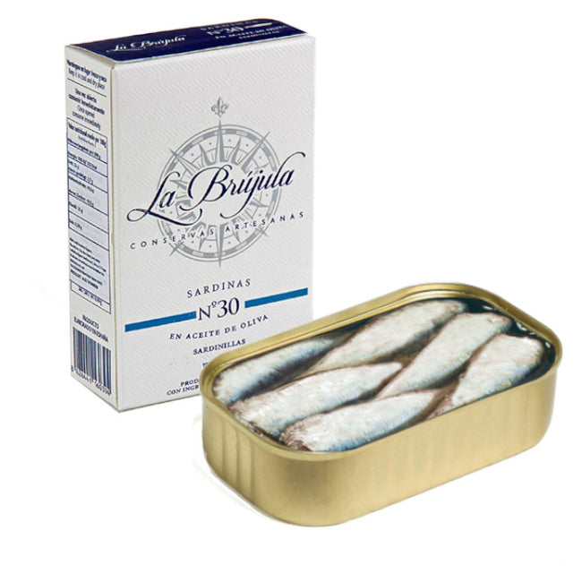 Small Sardines in Olive Oil 12/15 pcs La Brujula 115g Tin | Sardinillas en Aceite de Oliva 12/15 Pc La Brujula 115g