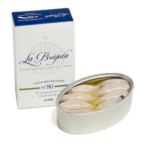 Baby Squids stuffed in olive oil 6/8 Pc. La Brújula 110g | Baby Squids Stuffed in Olive Oil 6/8 Pc. La Brújula 110 g